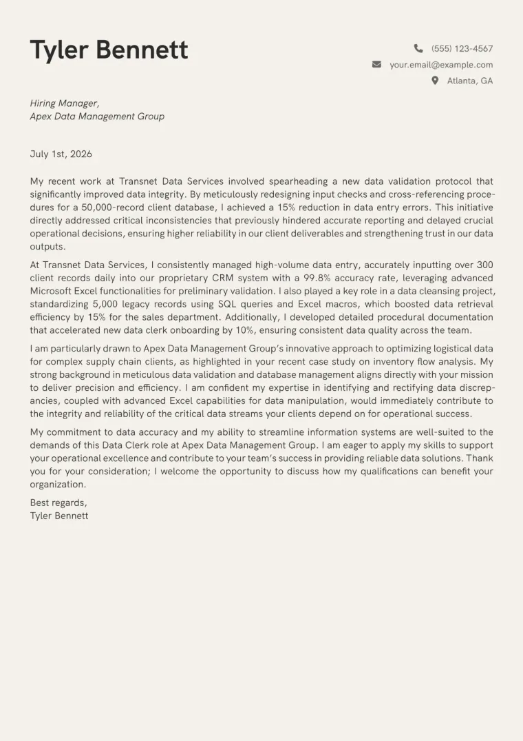 Data Clerk Cover Letter Example