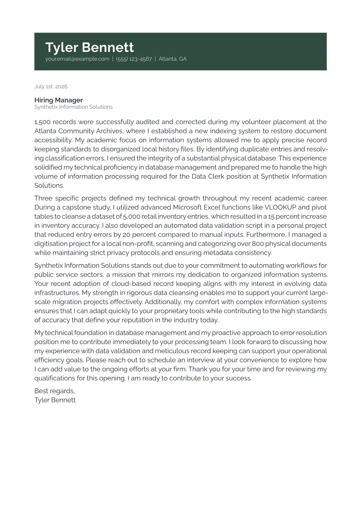 Data Clerk cover letter in the Banner design