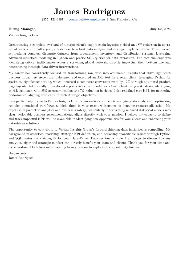 Data-Driven Decision Analyst Cover Letter Example