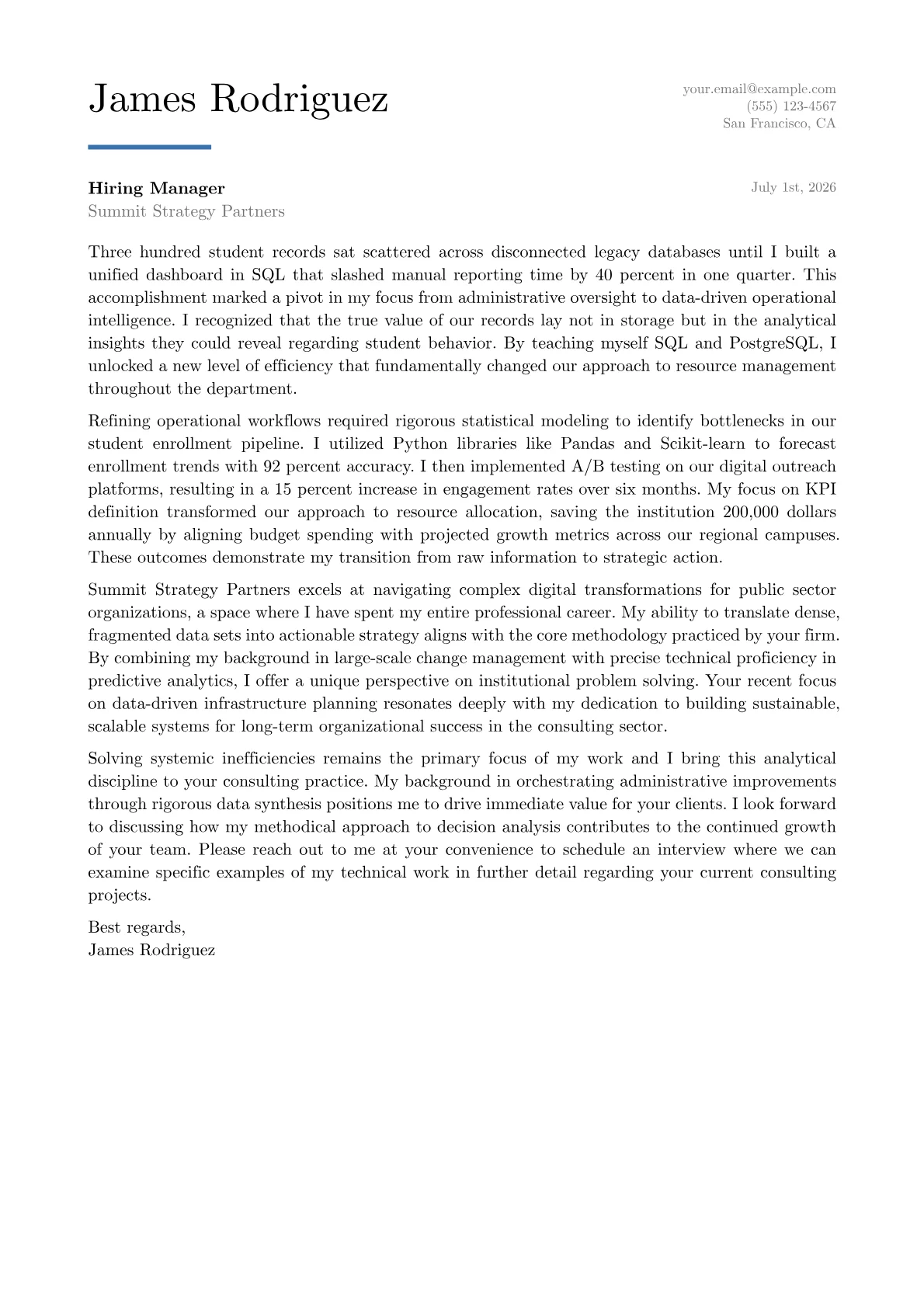 Data-Driven Decision Analyst cover letter in the Executive design