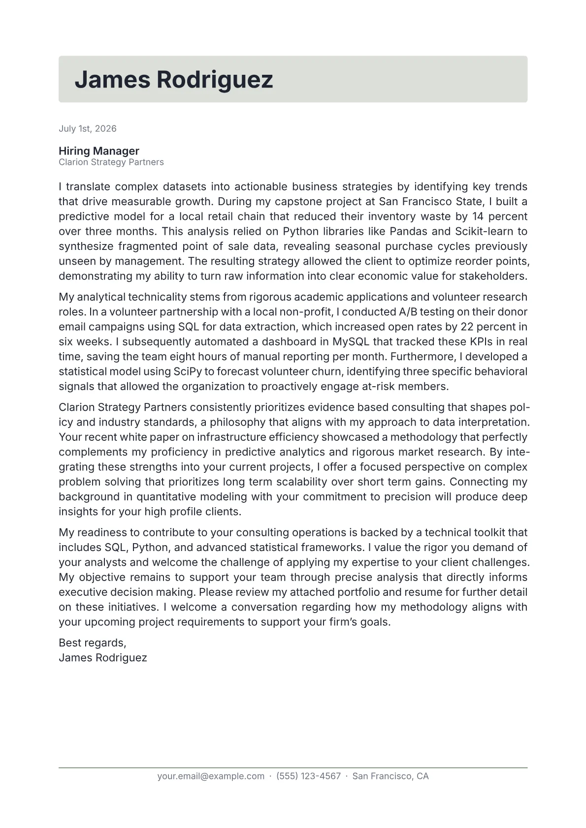 Data-Driven Decision Analyst cover letter in the Letterhead design