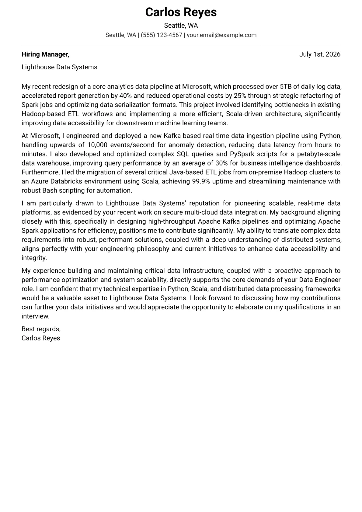 Data Engineer cover letter formatted with a JobSprout template