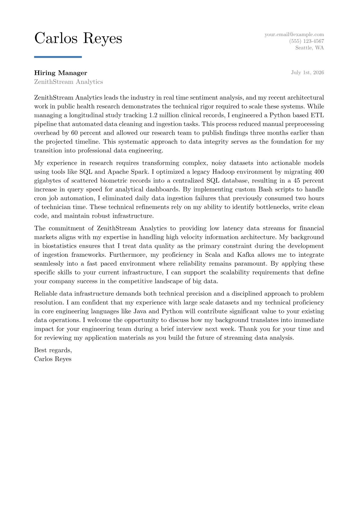 Data Engineer cover letter in the Executive design