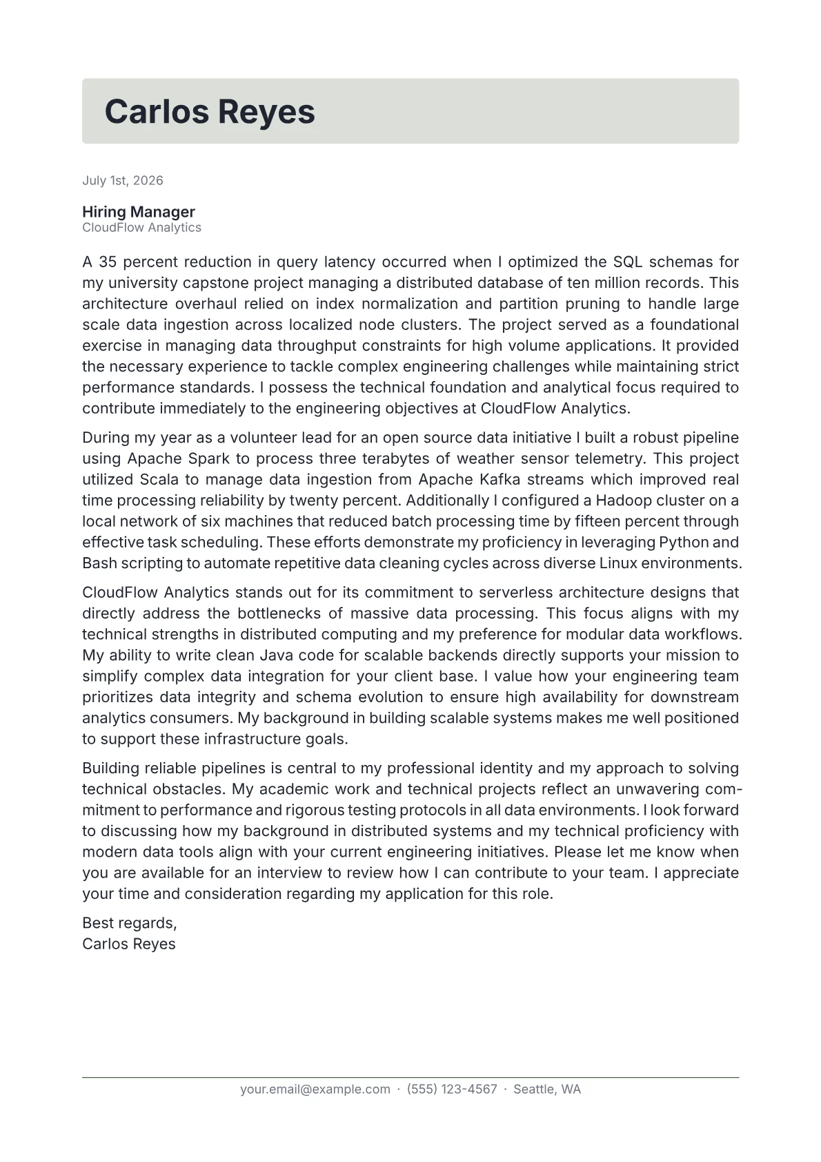 Data Engineer cover letter in the Letterhead design