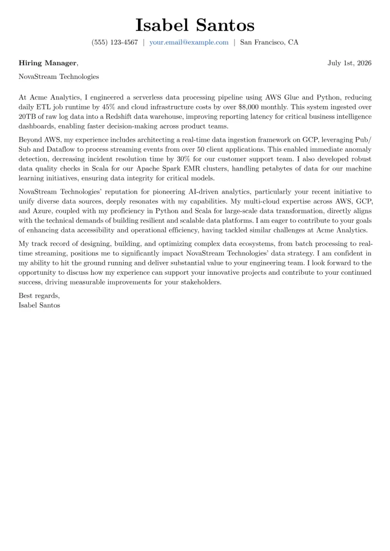 Data Engineering cover letter example preview