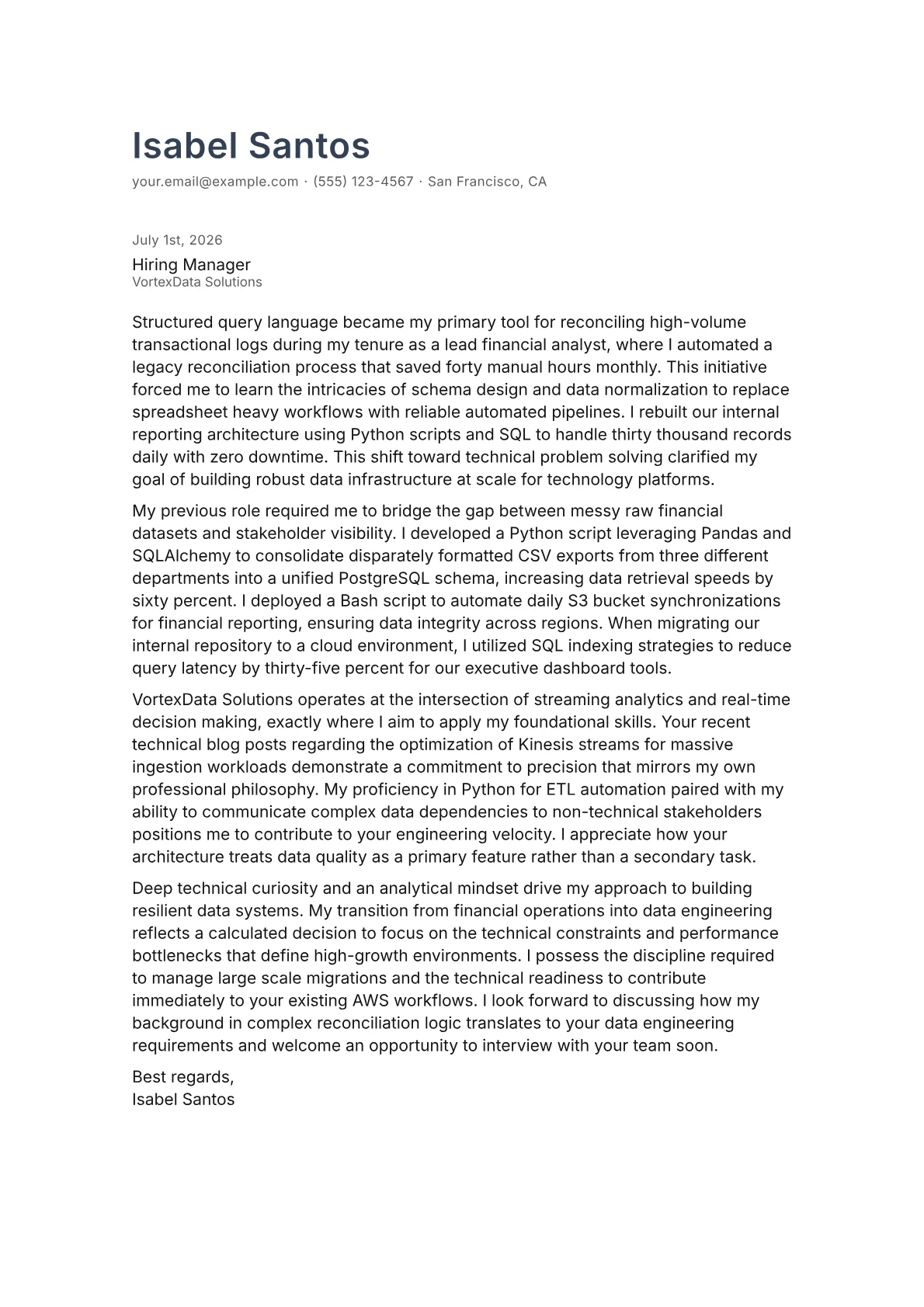 Data Engineering cover letter in the Minimal design