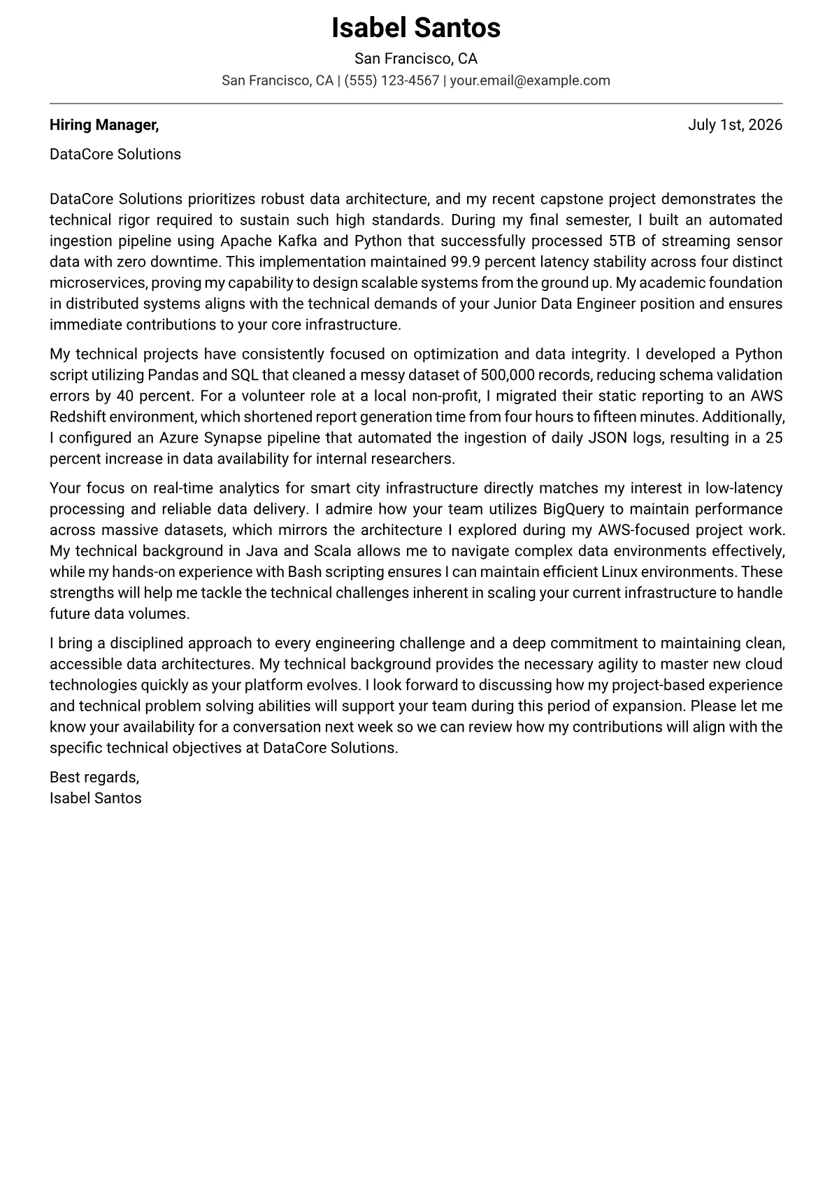 Data Engineering cover letter in the Modern design