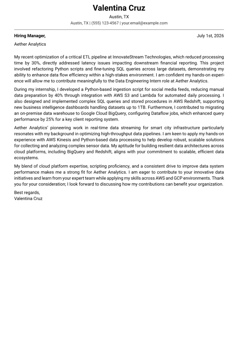Data Engineering Intern cover letter example