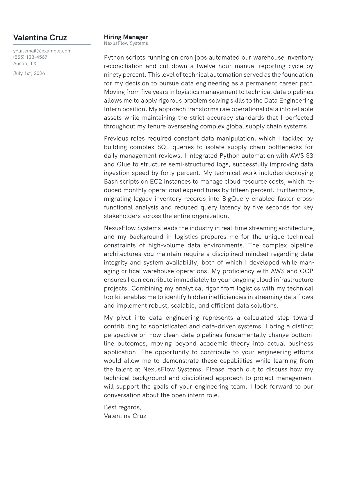 Data Engineering Intern cover letter in the Margin design