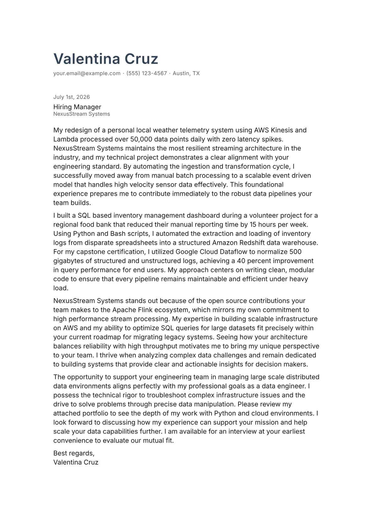 Data Engineering Intern cover letter in the Minimal design