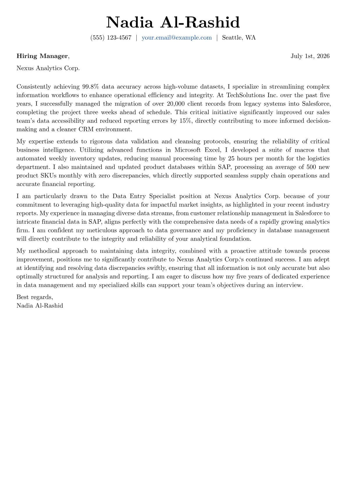 Data Entry cover letter formatted with a JobSprout template