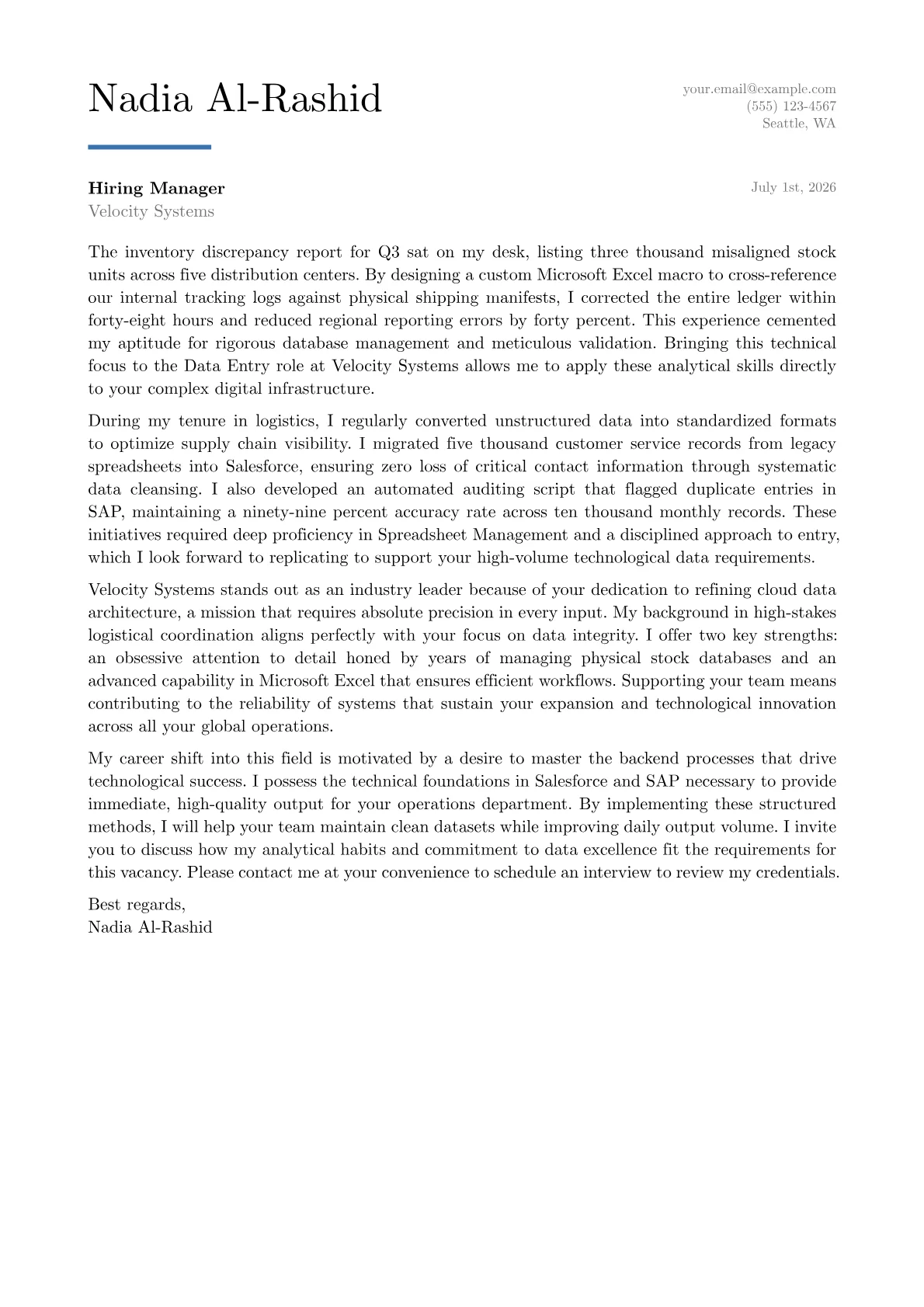 Data Entry cover letter in the Executive design