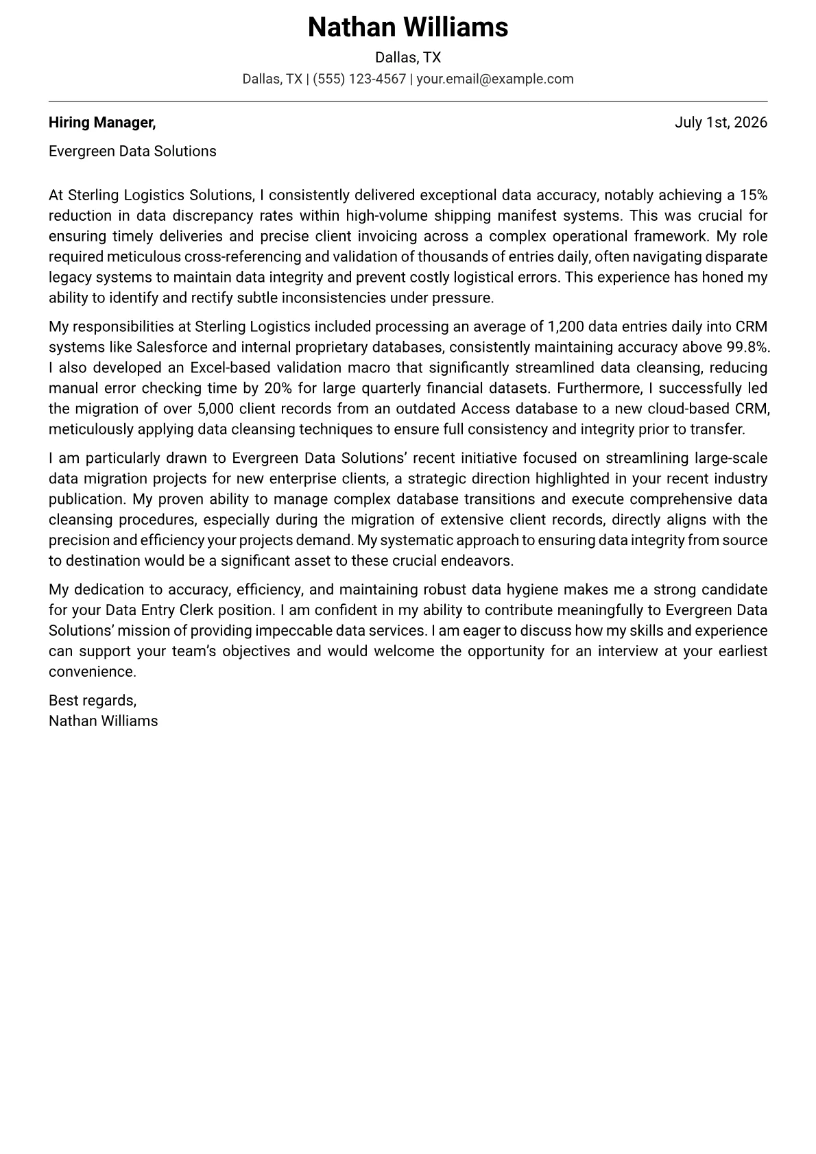 Data Entry Clerk cover letter formatted with a JobSprout template