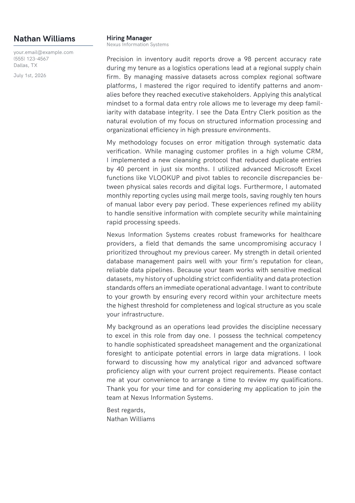 Data Entry Clerk cover letter in the Margin design