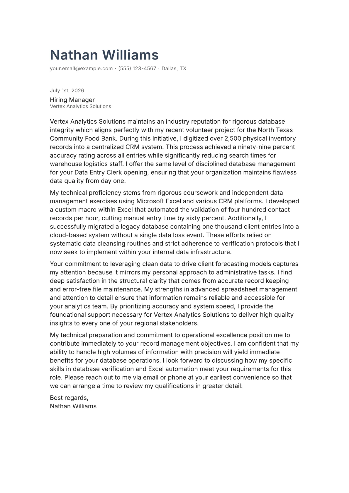 Data Entry Clerk cover letter in the Minimal design