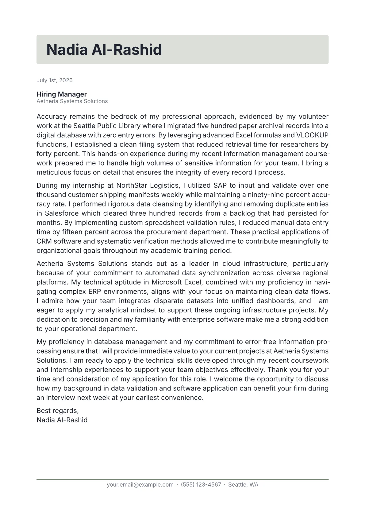 Data Entry cover letter in the Letterhead design