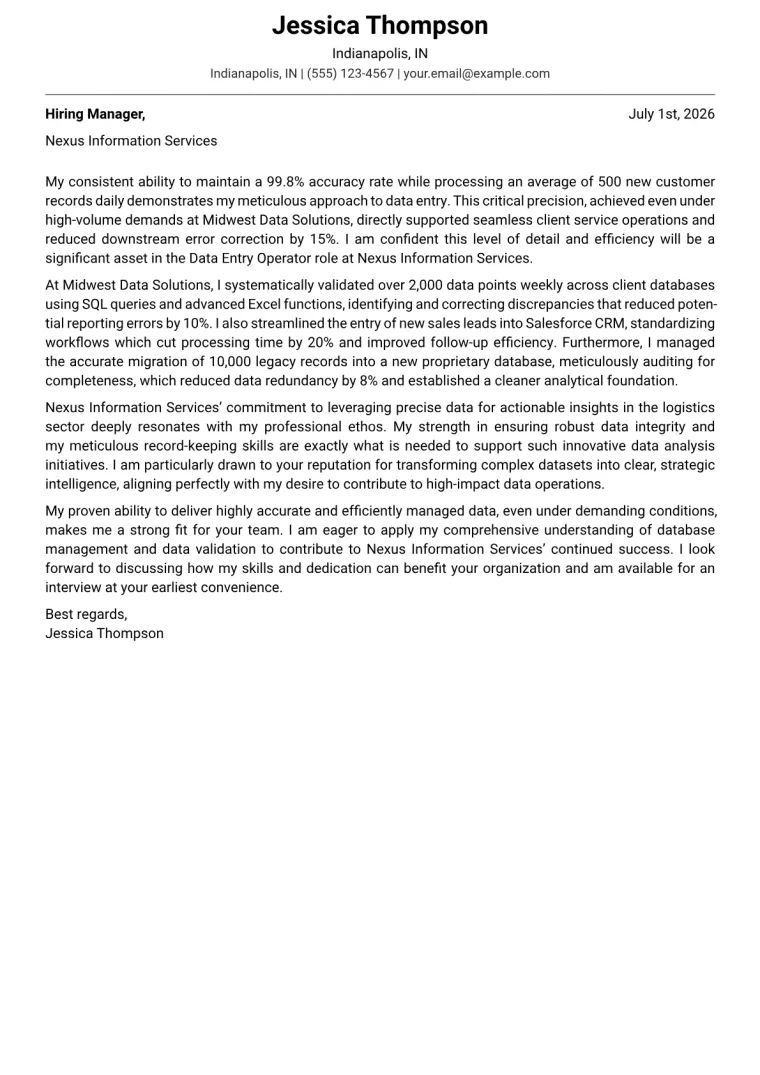 Data Entry Operator cover letter example preview
