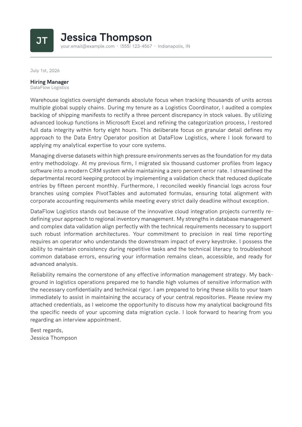 Data Entry Operator cover letter in the Emblem design