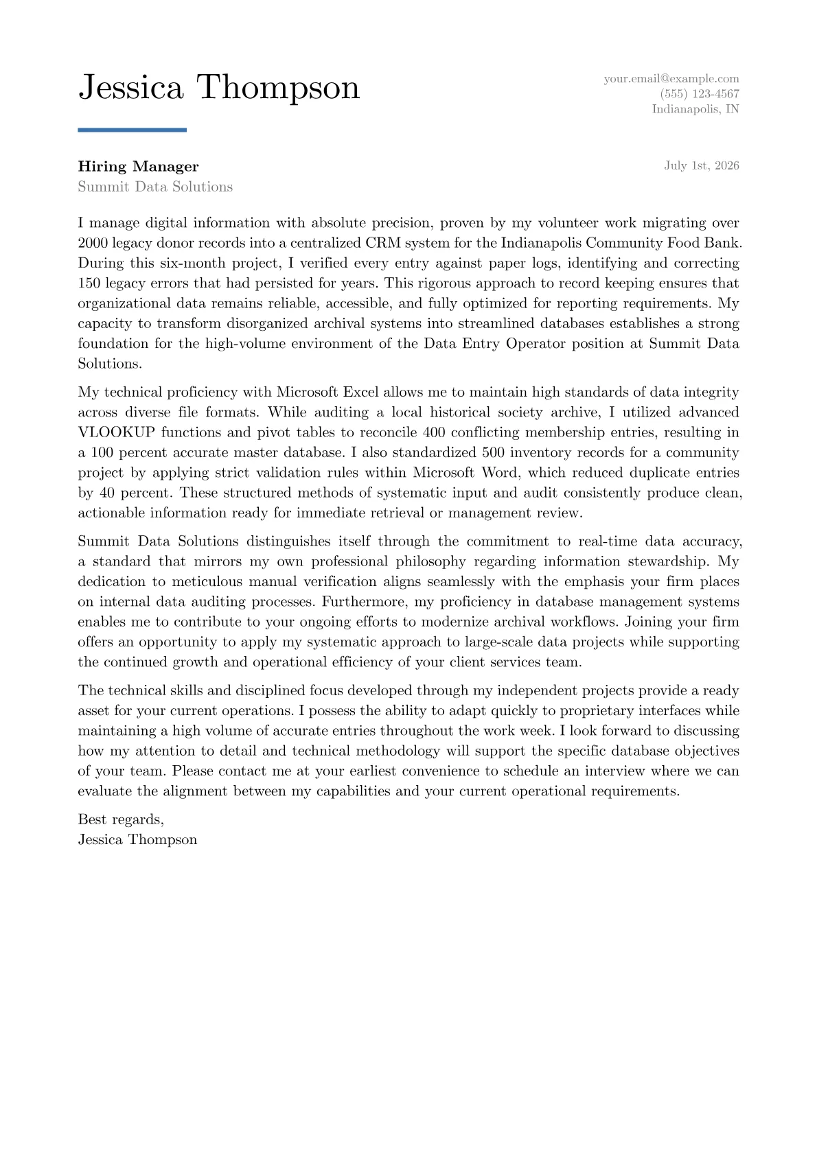 Data Entry Operator cover letter in the Executive design