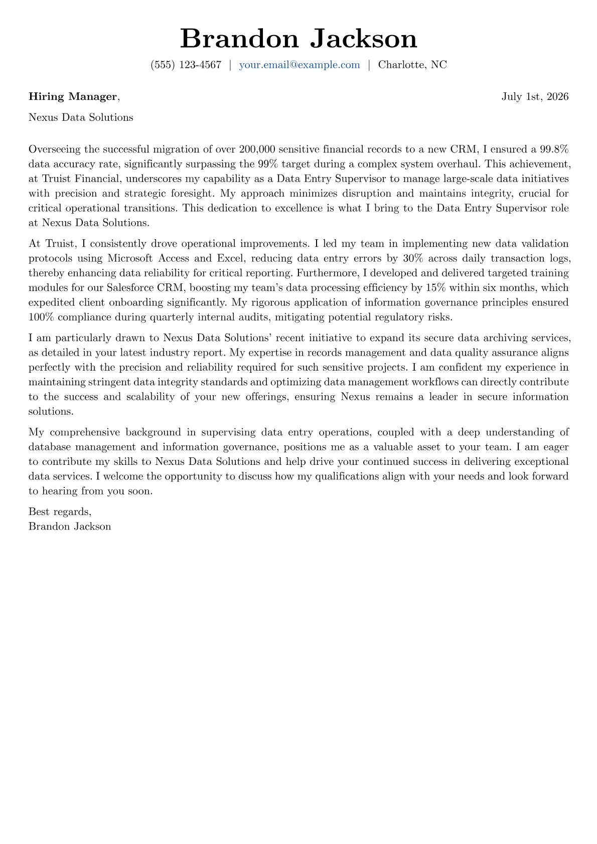 Data Entry Supervisor cover letter formatted with a JobSprout template