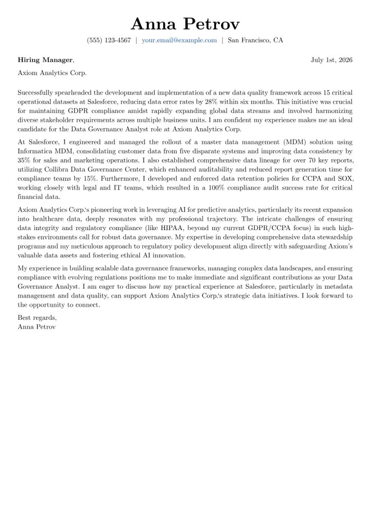 Data Governance Analyst cover letter example preview