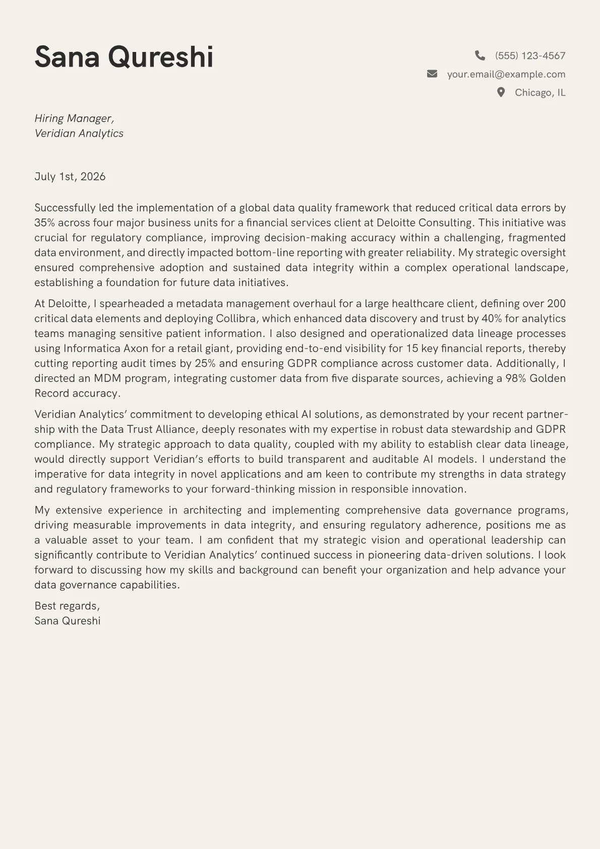 Data Governance Manager cover letter formatted with a JobSprout template