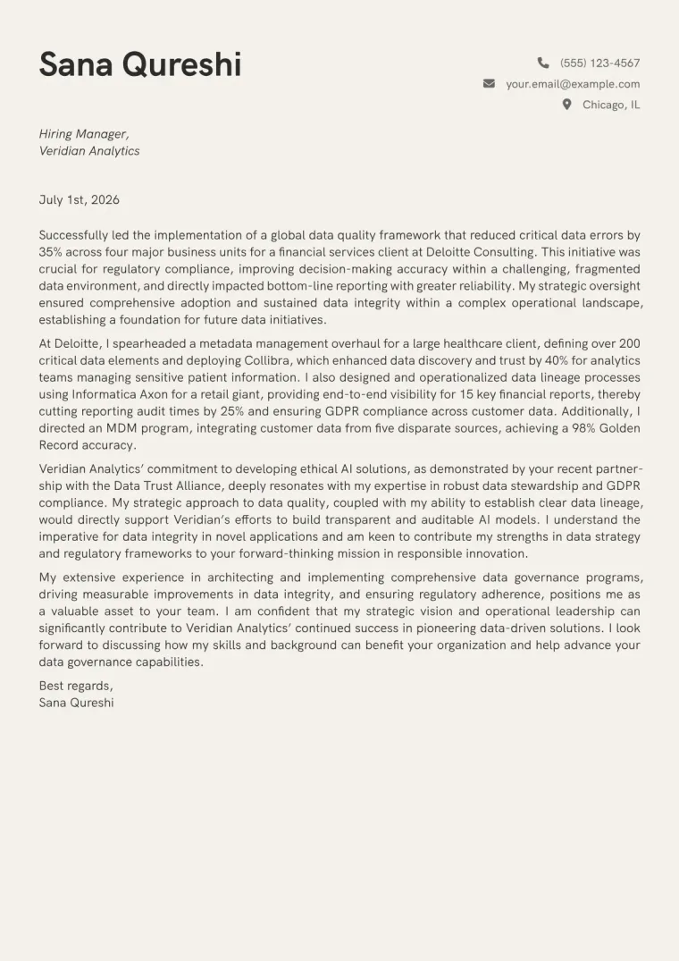Data Governance Manager cover letter example preview