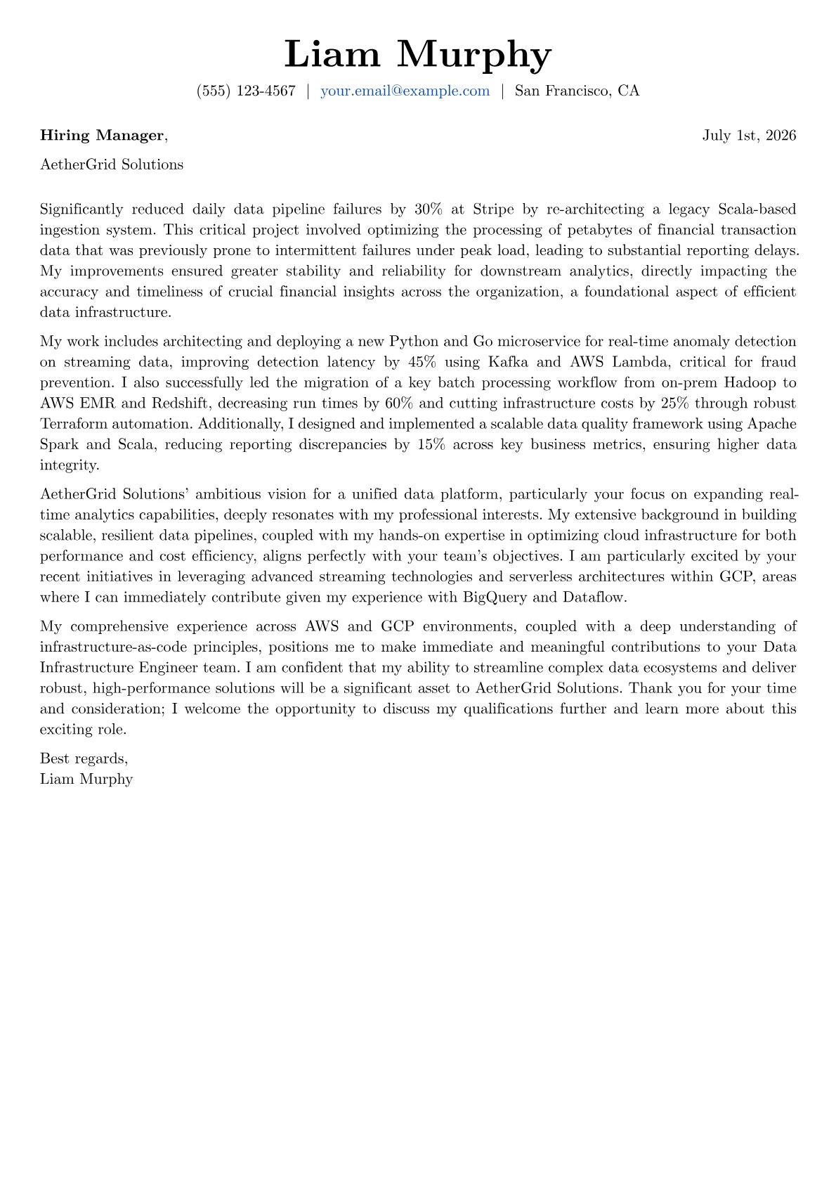 Data Infrastructure Engineer cover letter formatted with a JobSprout template