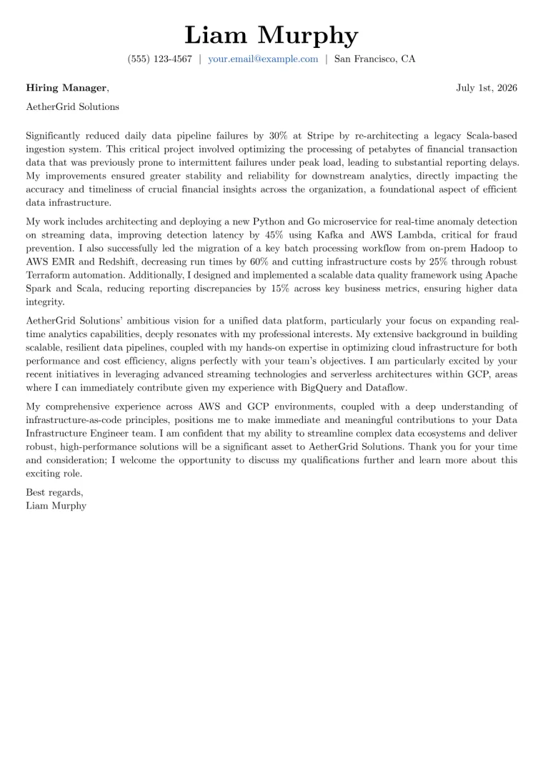 Data Infrastructure Engineer cover letter example preview