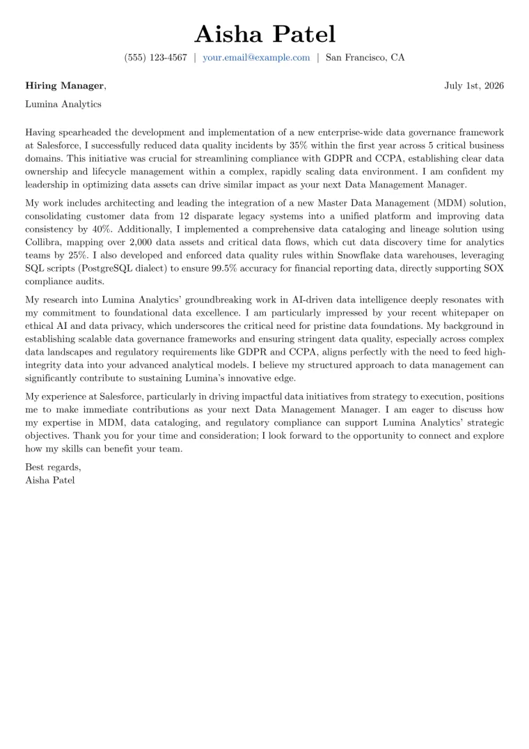 Data Management Manager Cover Letter Example
