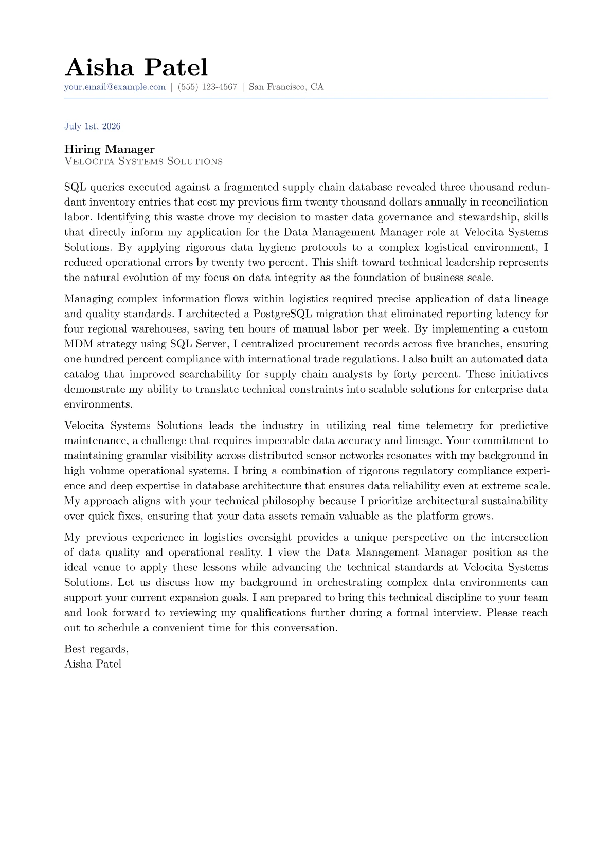 Data Management Manager cover letter in the Classic design