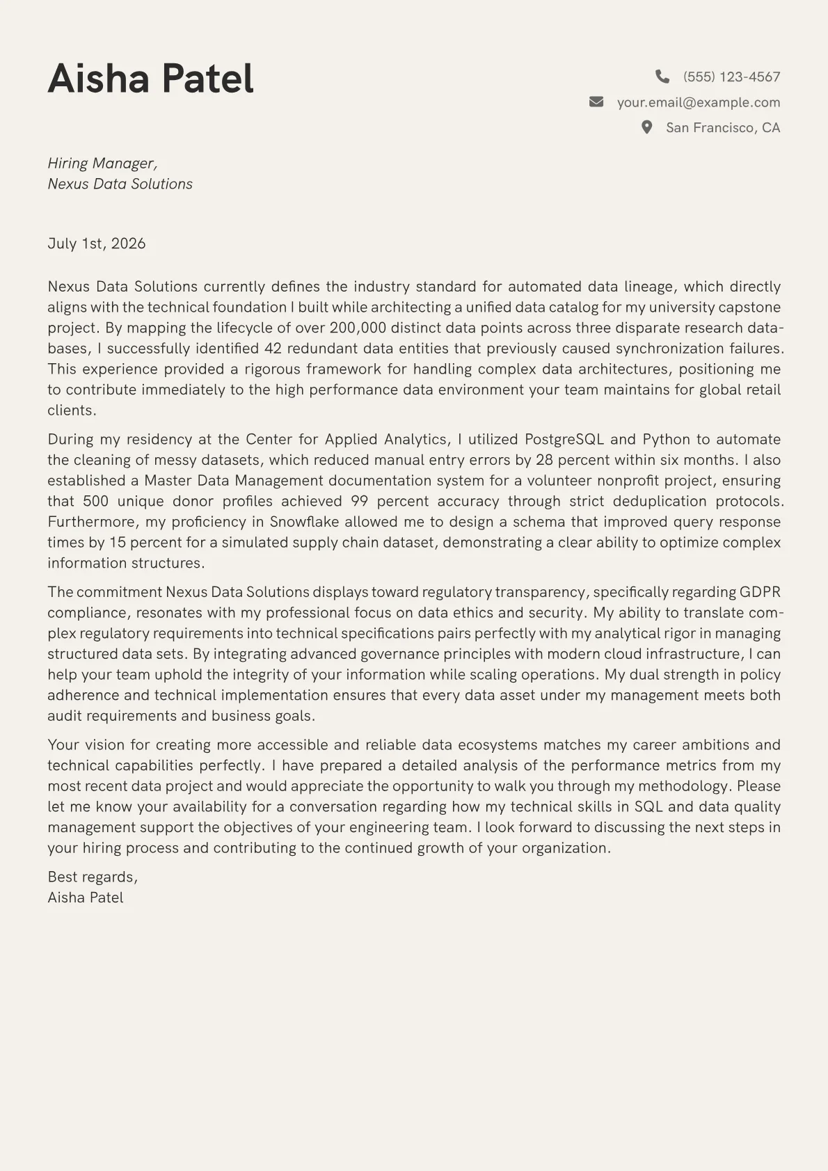 Data Management Manager cover letter in the Creative design