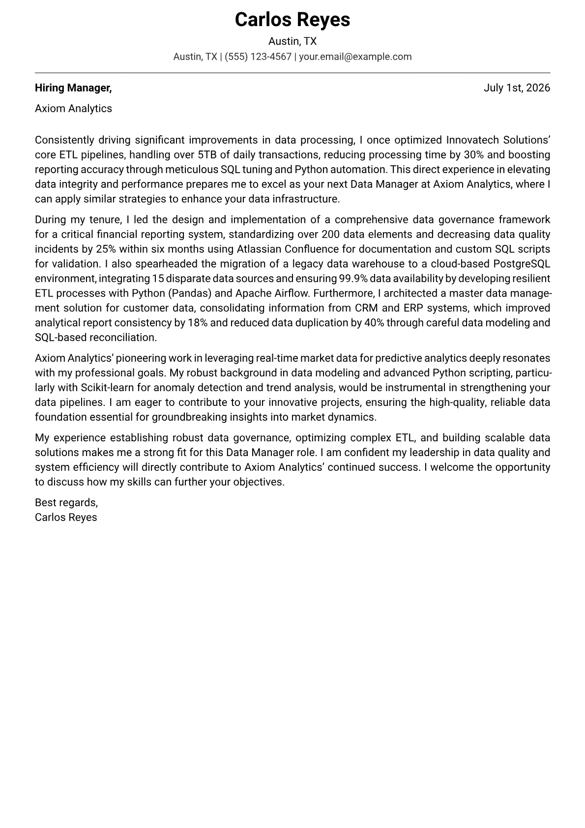 Data Manager cover letter formatted with a JobSprout template