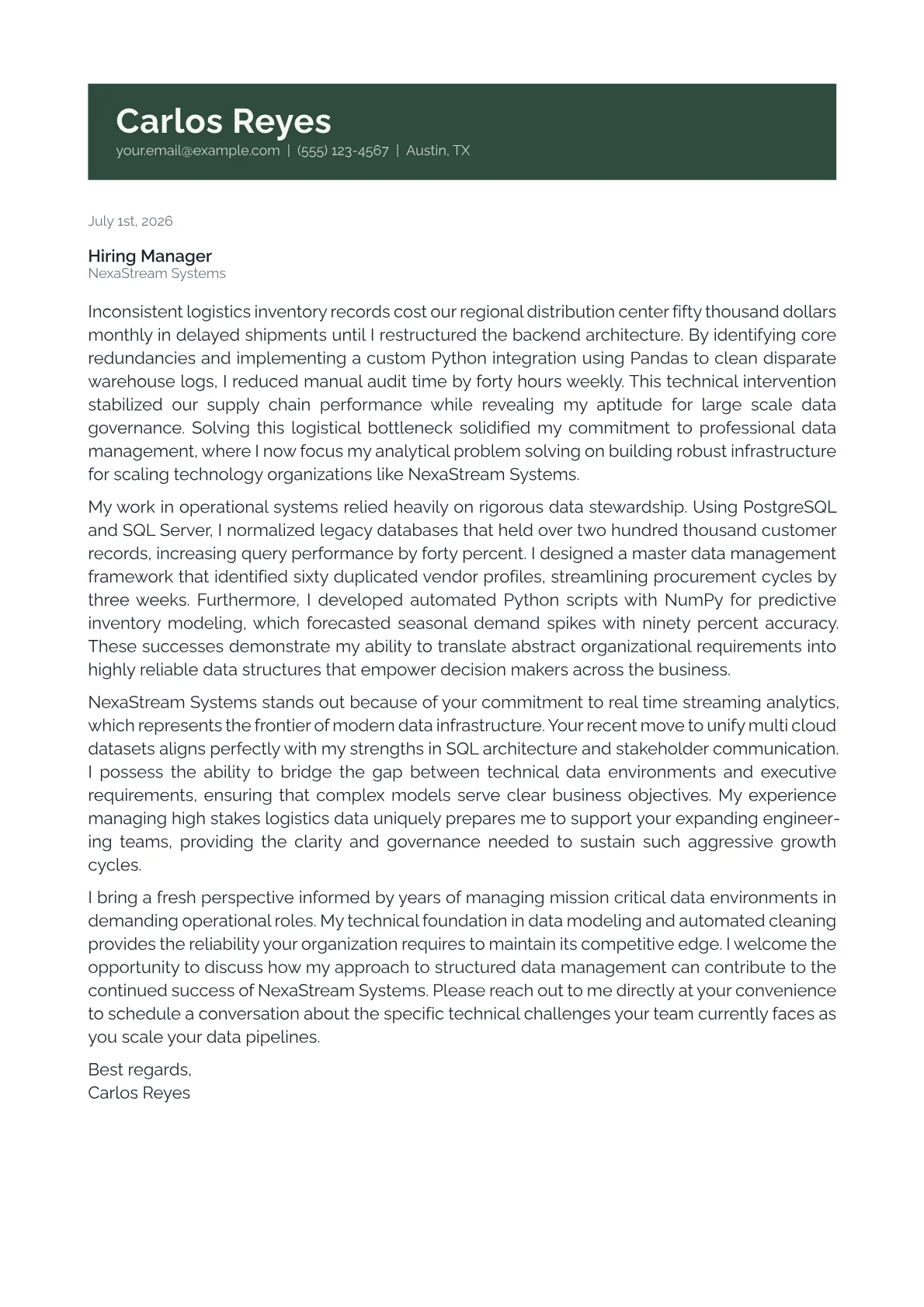Data Manager cover letter in the Banner design