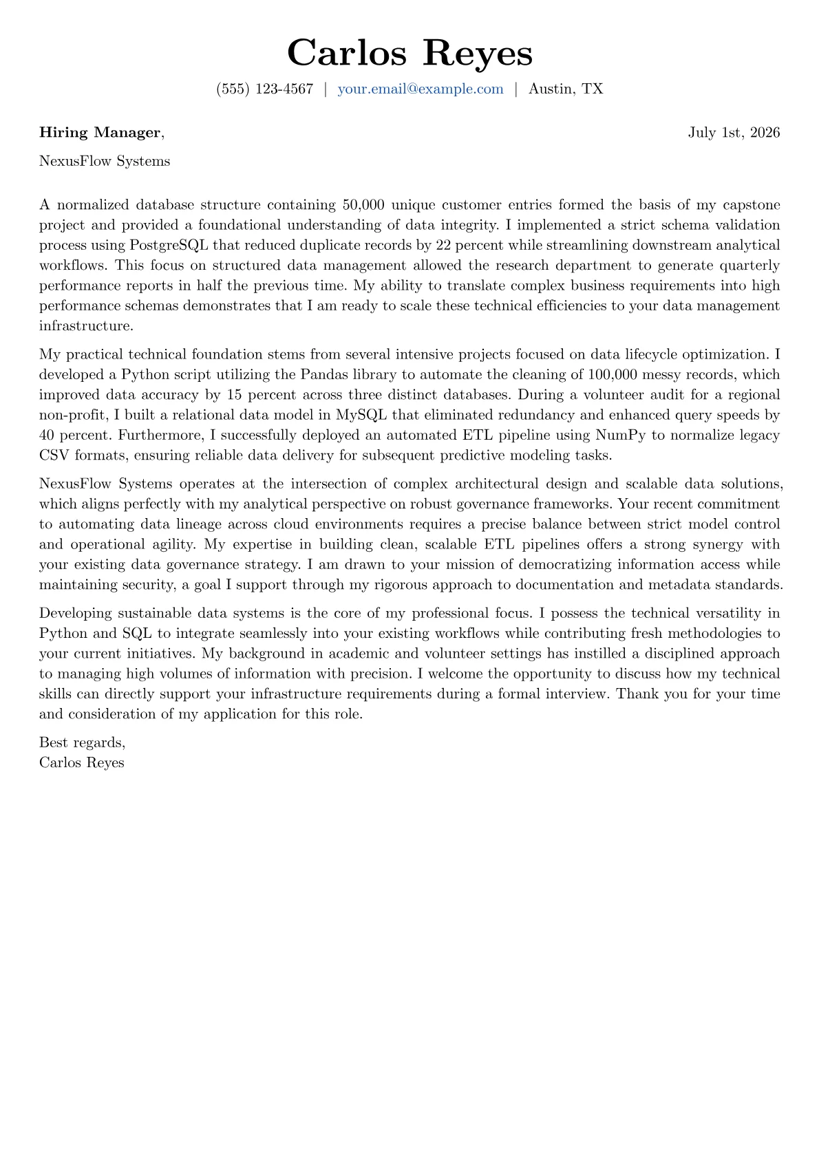 Data Manager cover letter in the Basic design