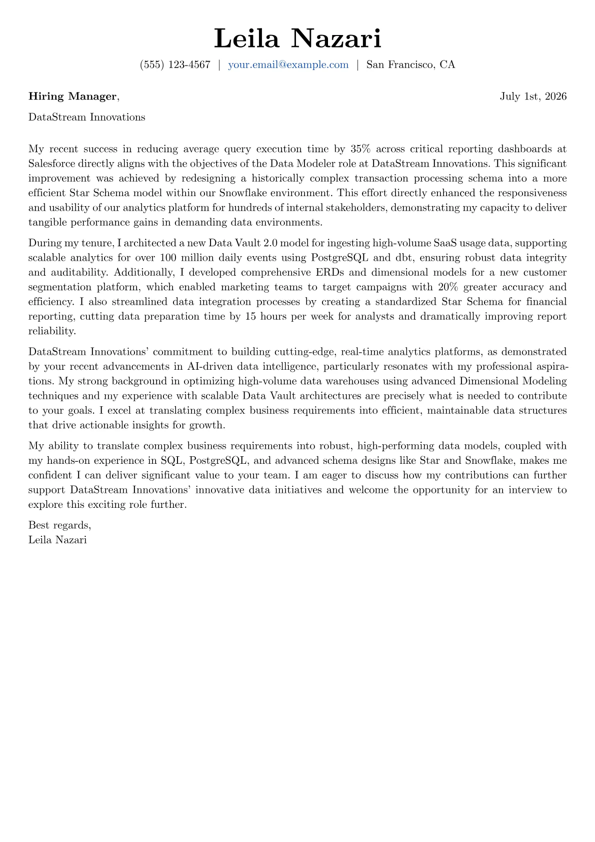 Data Modeler cover letter formatted with a JobSprout template