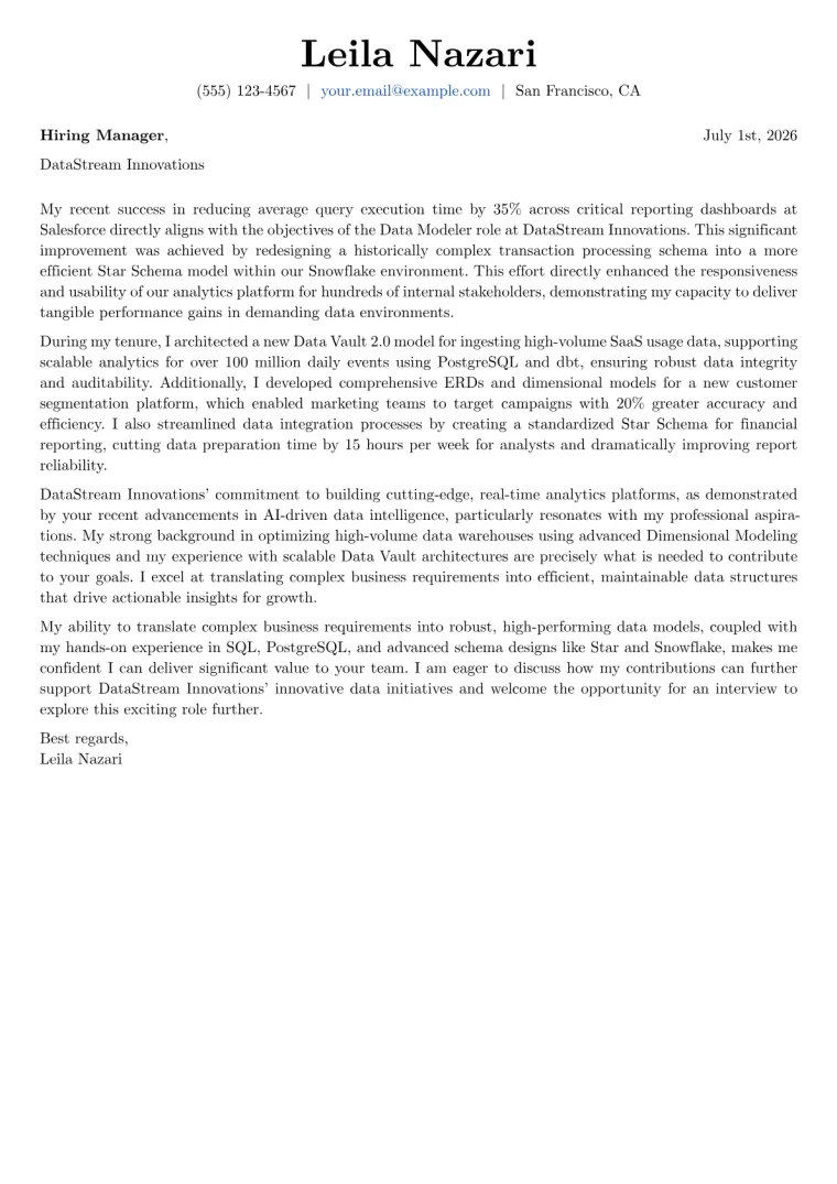 Data Modeler cover letter example preview