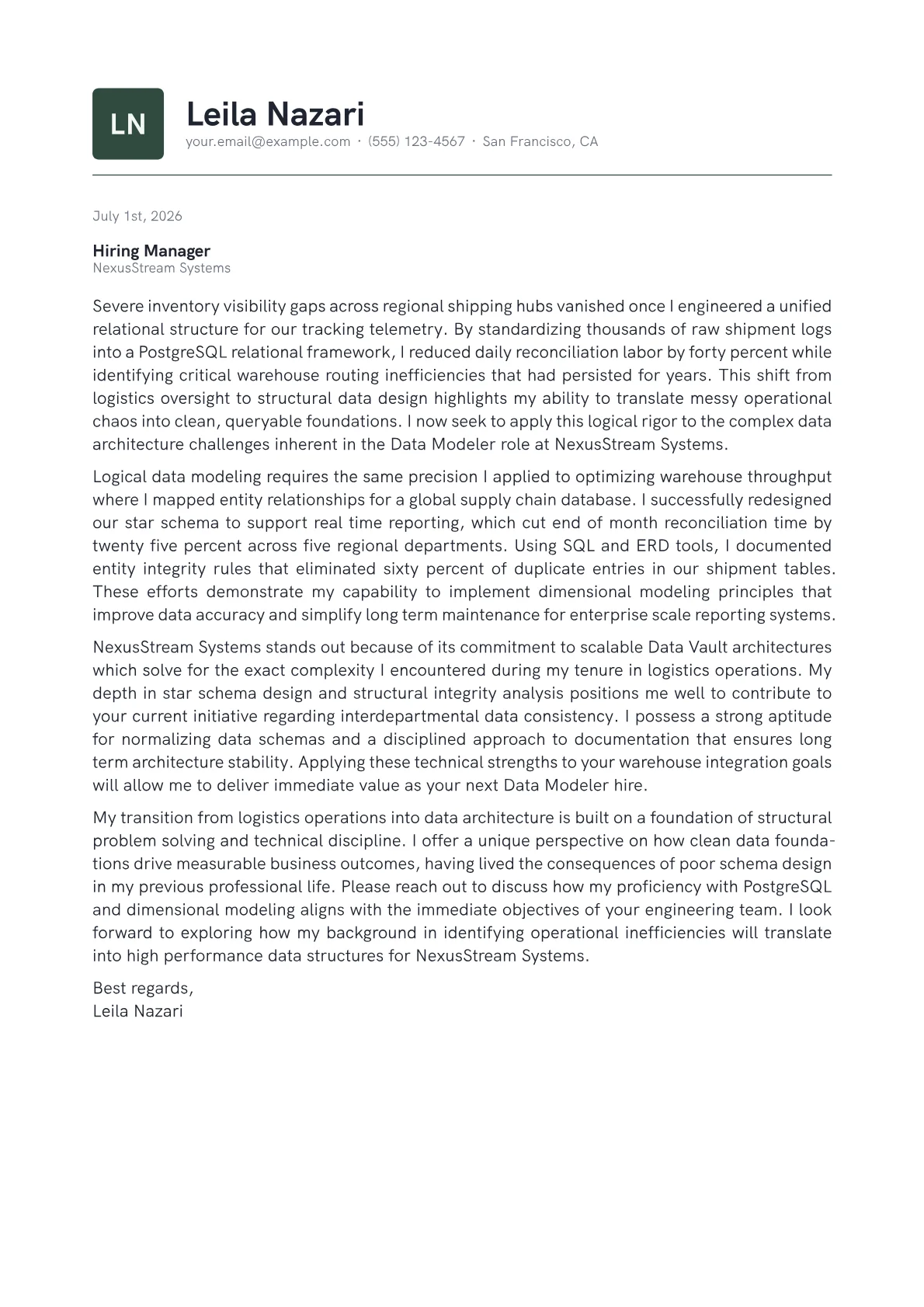 Data Modeler cover letter in the Emblem design