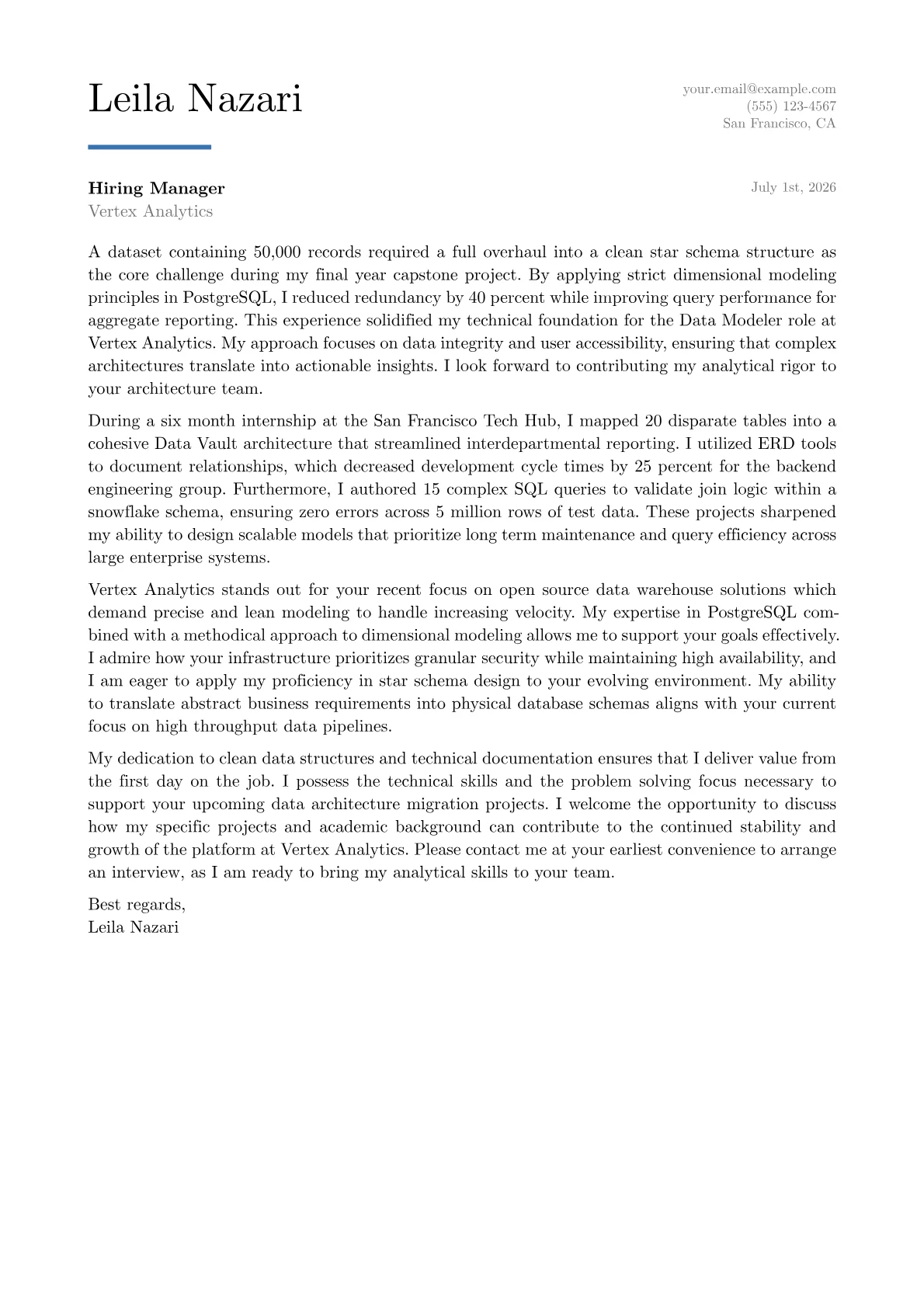 Data Modeler cover letter in the Executive design