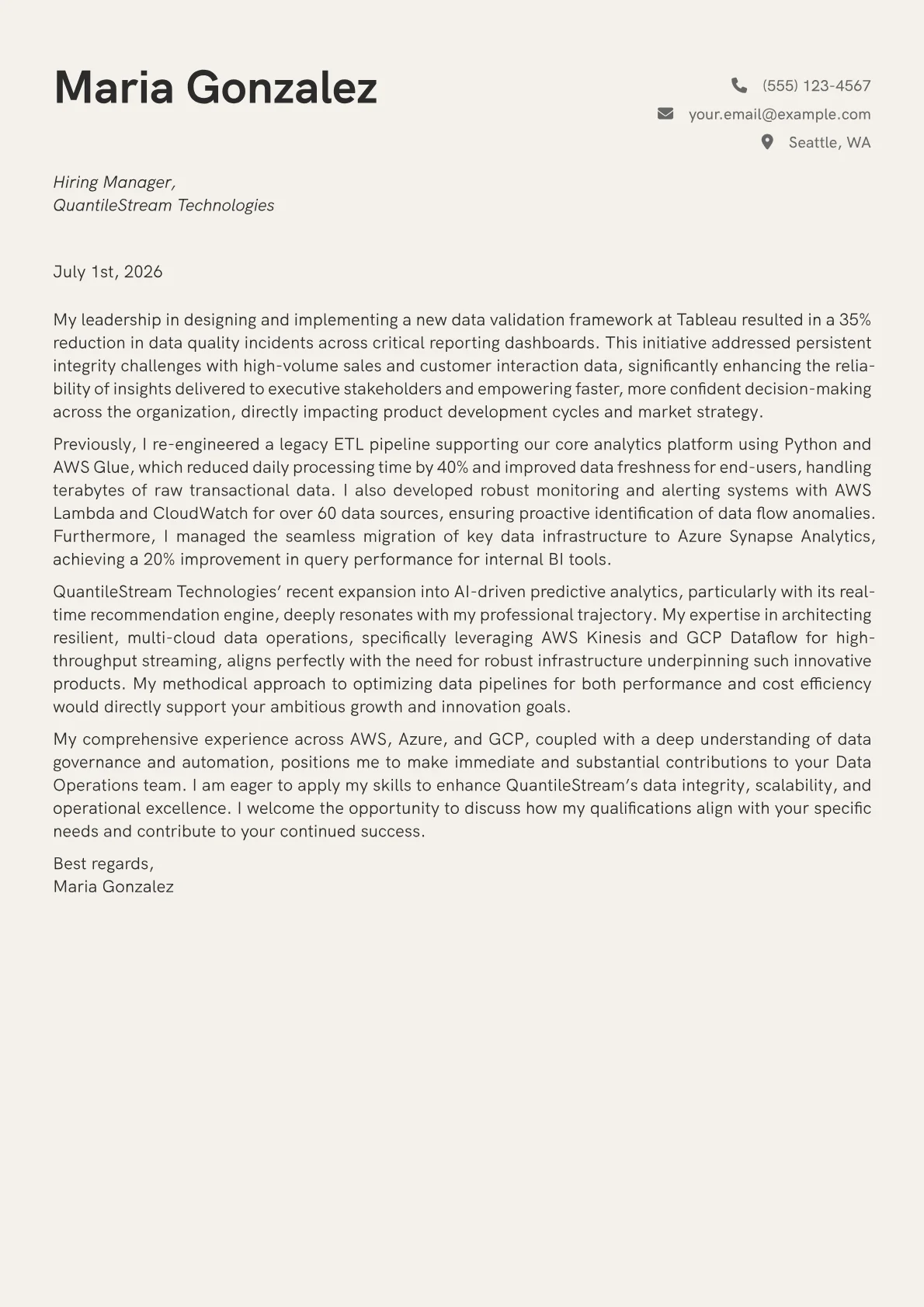 Data Operations Engineer cover letter formatted with a JobSprout template