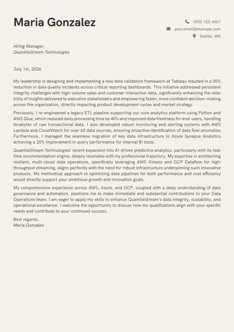 Data Operations Engineer cover letter example preview