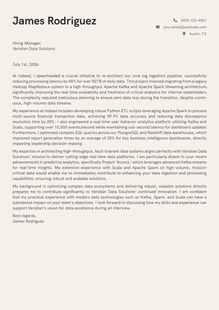 Data Pipeline Engineer cover letter example preview