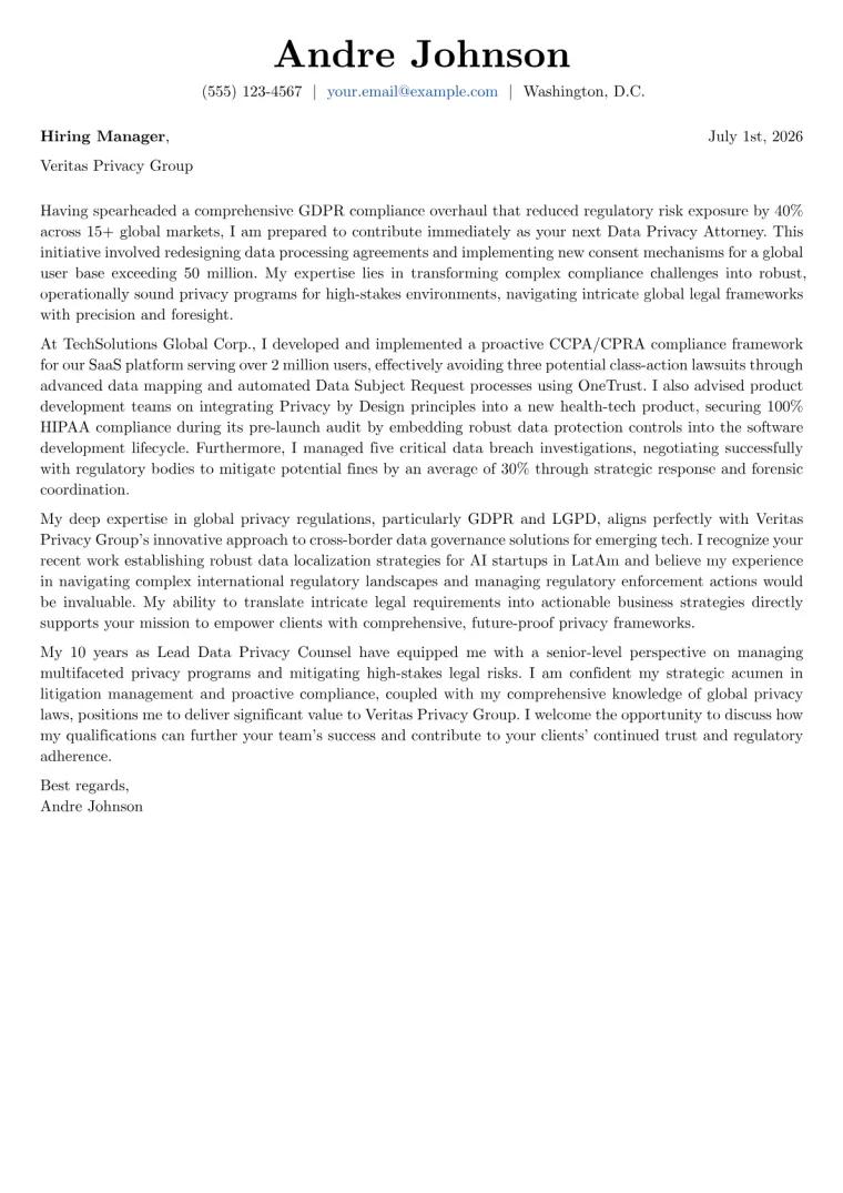 Data Privacy Attorney Cover Letter Example