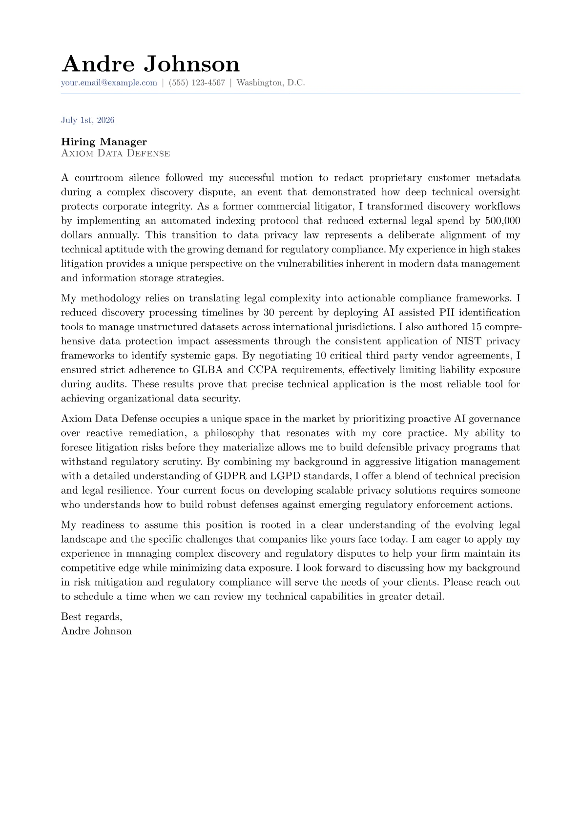 Data Privacy Attorney cover letter in the Classic design