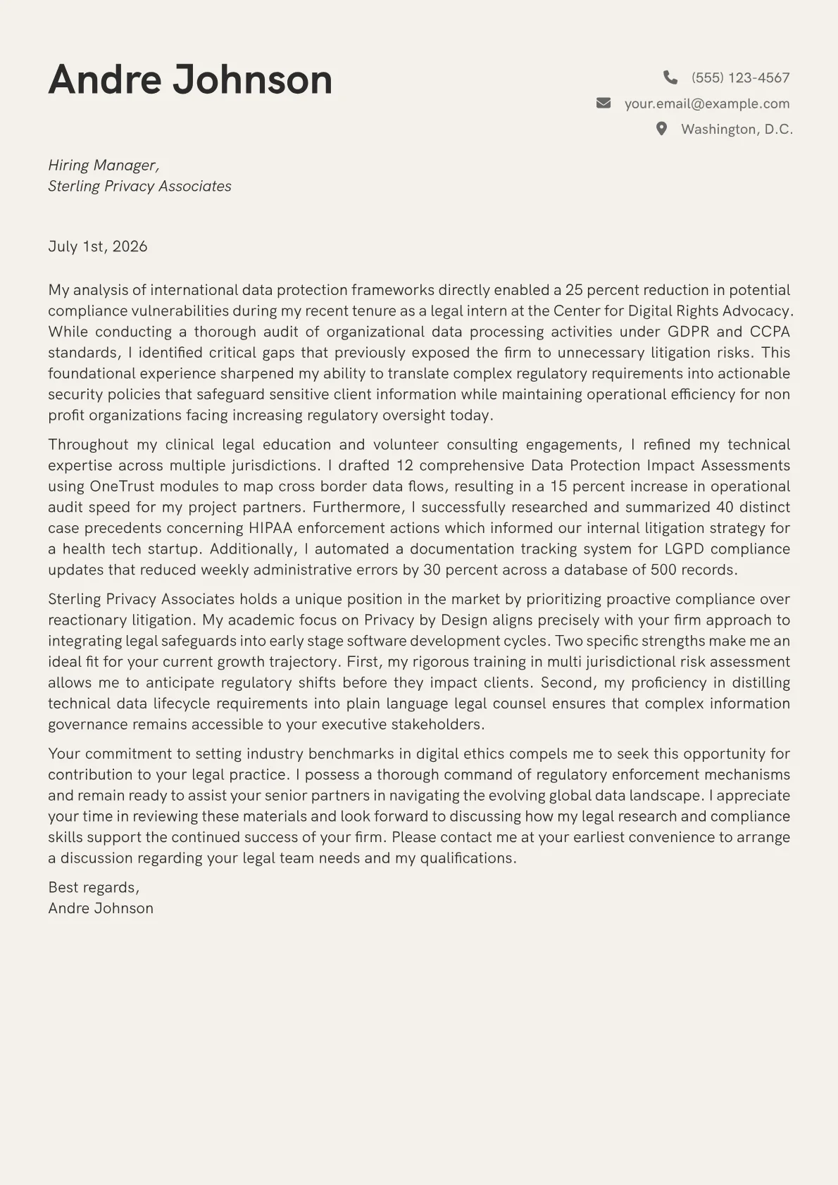 Data Privacy Attorney cover letter in the Creative design