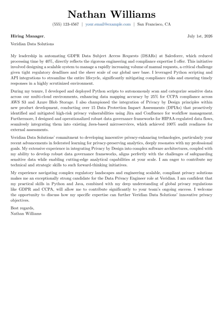 Data Privacy Engineer Cover Letter Example