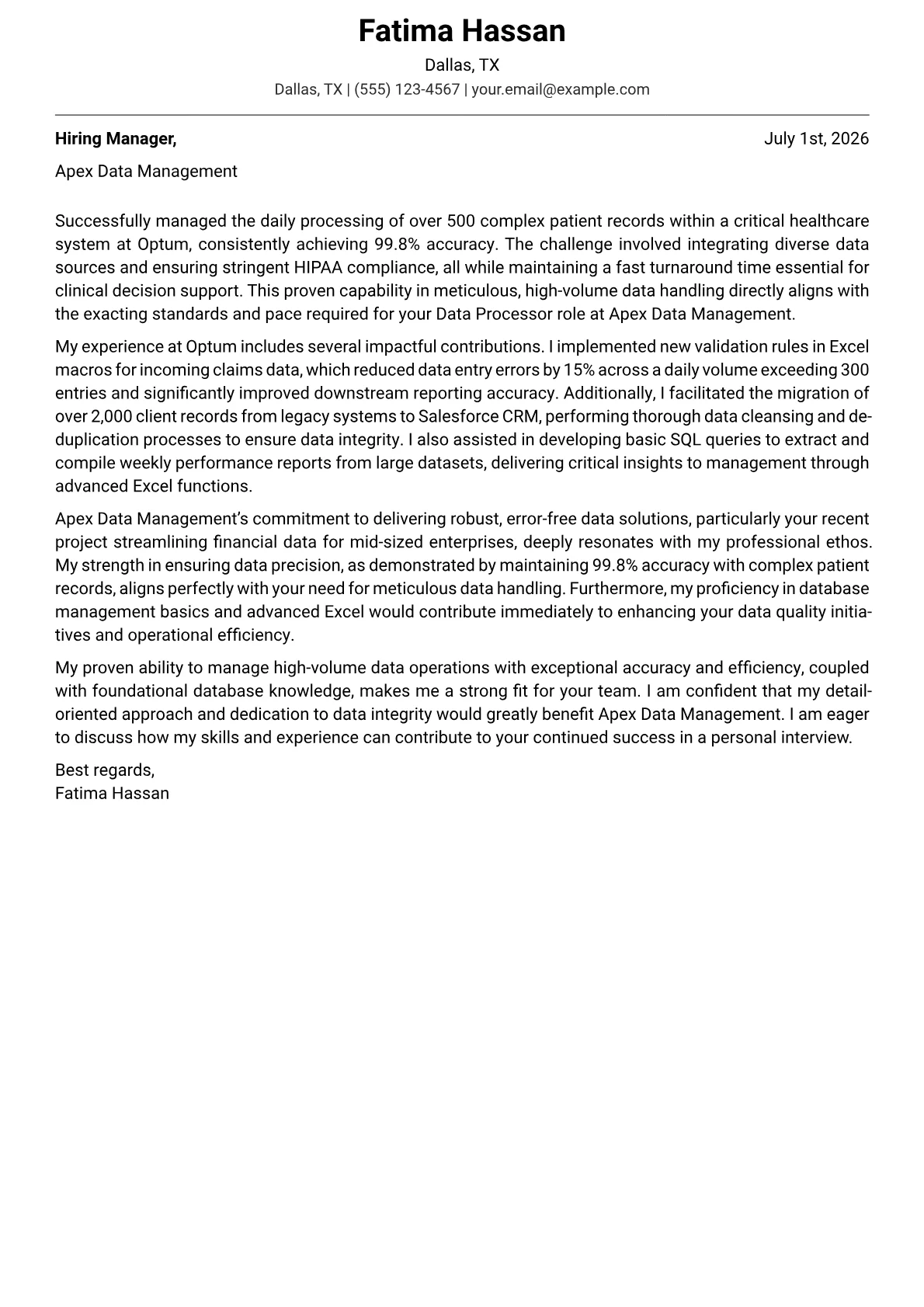 Data Processor cover letter formatted with a JobSprout template