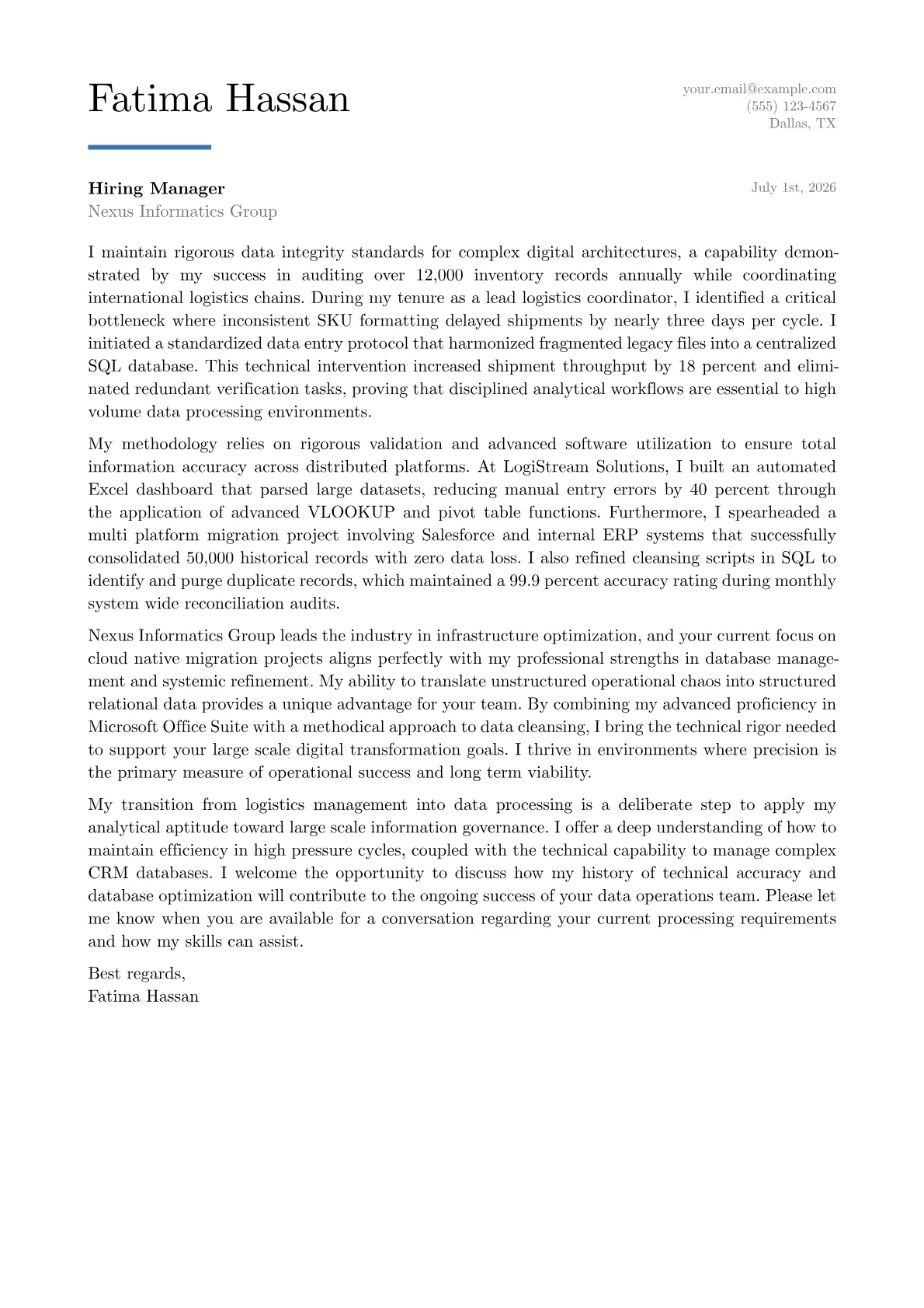 Data Processor cover letter in the Executive design