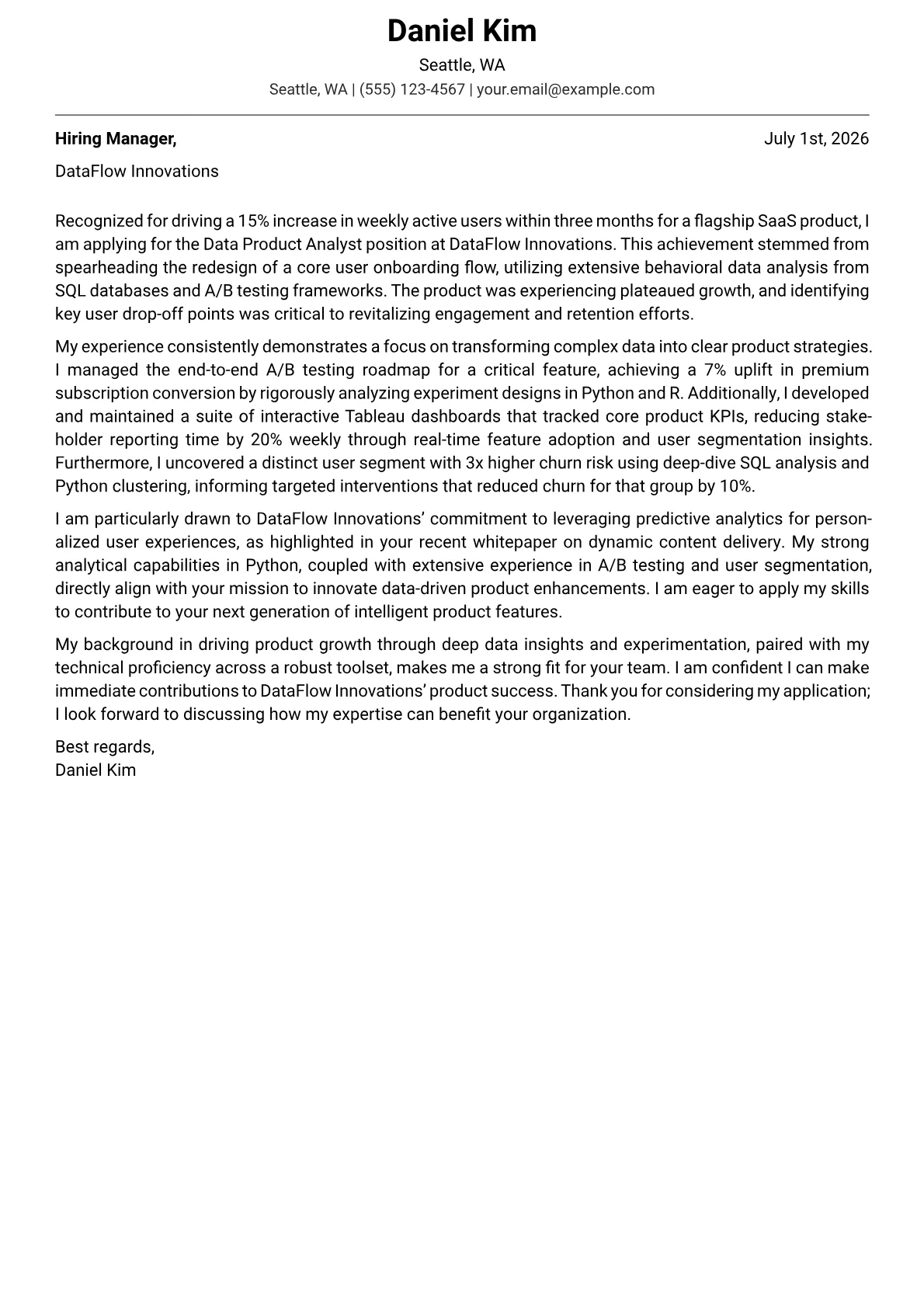 Data Product Analyst cover letter formatted with a JobSprout template