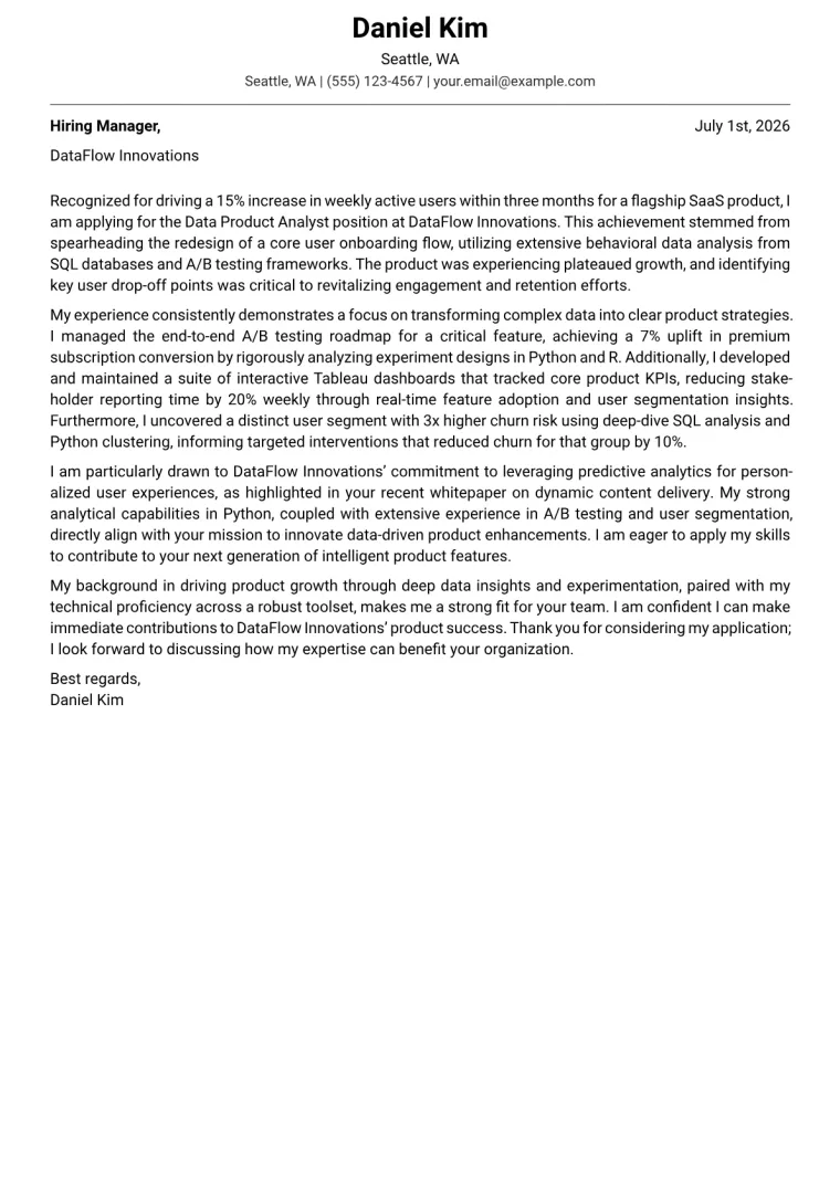 Data Product Analyst cover letter example preview